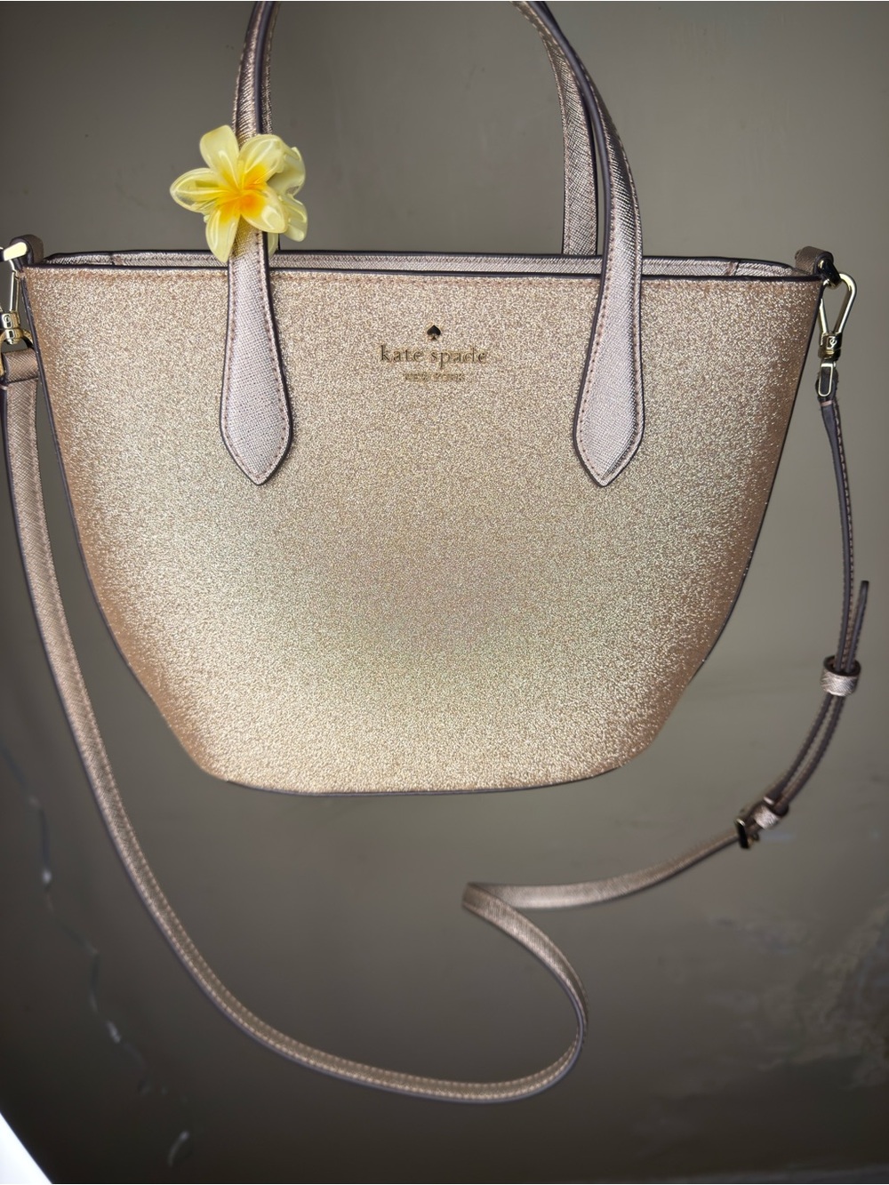 kate spade Rose Gold Glitter Mini Tote with Crossbody Strap